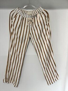 Kiss & Cry XL Linen Beach Pants White Brown Stripe Smocked Waist Drawstring